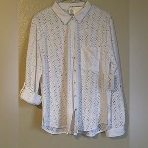 White Eyelet Casual Button Down Shirt
